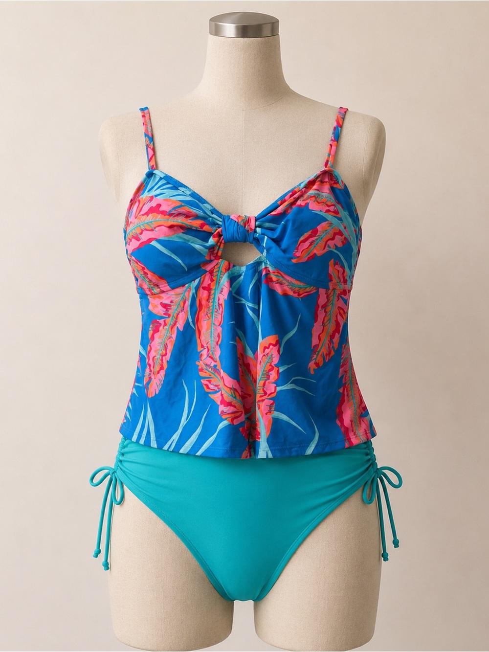 NWT Blue Tropical Print Tankini Swimsuit with Teal Side Tie Bottoms